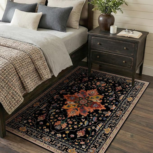 RELEANY Washable Area Rug, 3'x5', Black/Colorful | Non-Slip, Water Repellent, Pet Friendly, Easy to Clean, Vintage Floral Boho Decor for Living Room Bedroom Beside Kitchen