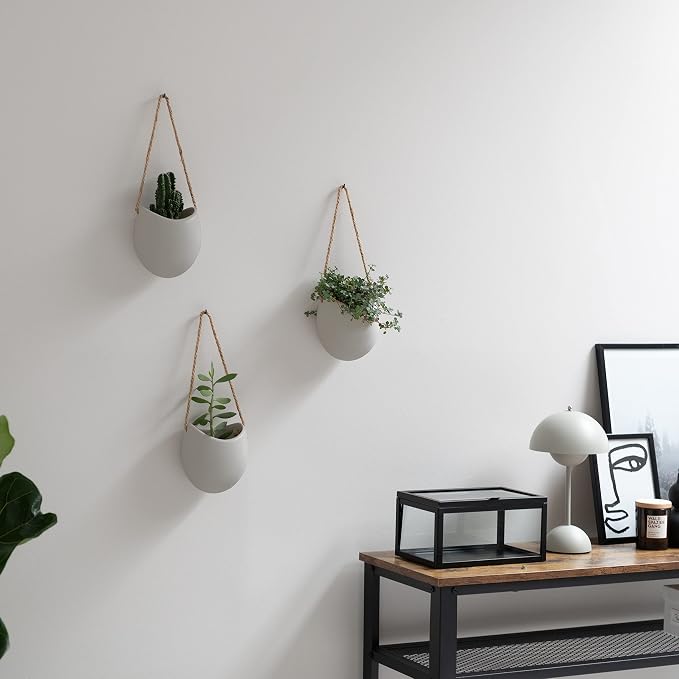 Kazai. Wall Planters -Ellie- | Hanging Ceramic Plant Pots 3 Pieces | Wall Decoration for Indoors, Balcony and Garden | Light Grey (Matte)