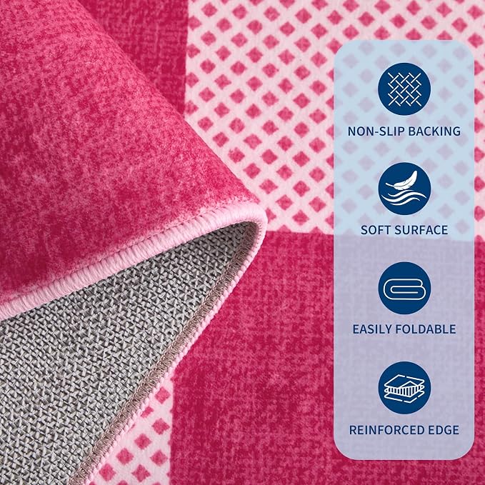 GarveeHome Checkered Hot Pink 2x6 Washable Low-Pile Kitchen Runner Rug | Small Hot Pink Soft Stain Resistant Hallway Entryway Bedroom Bathroom Non-Slip Geometric Modern Rug TPE Backing