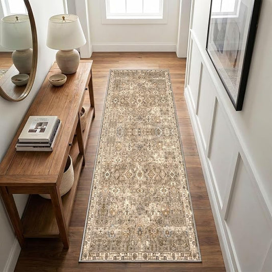 2x6 Hallway Washable Runner Rug : Vintage Soft Kitchen Runner | Vintage Farmhouse Boho Floral Neutral Washable Stain Resistant Indoor Rugs for Home Decor