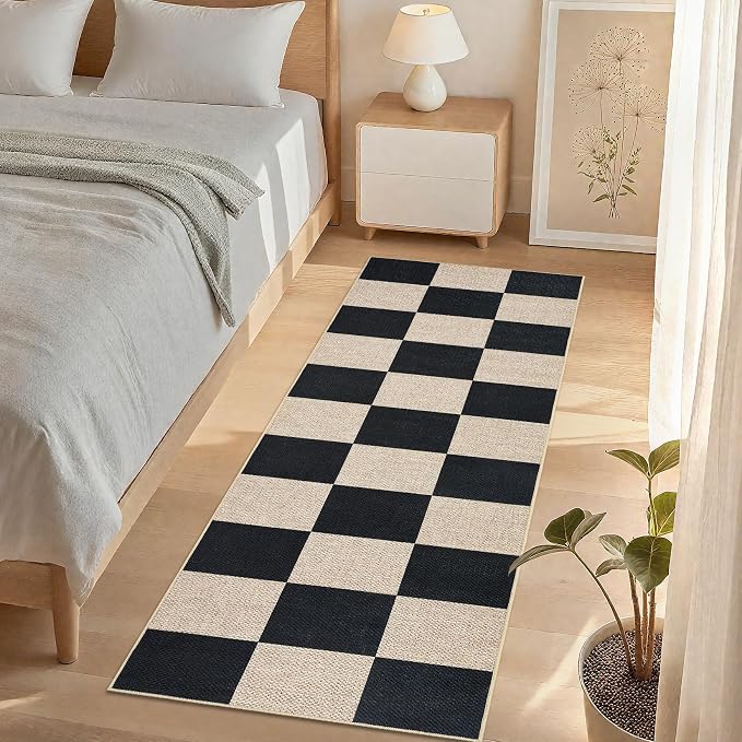 GarveeHome Checkered Easy Jute Runner Rug 2x6 Non-Slip Machine Washable Stain Resistant Indoor Outdoor Rugs for Living Room, Bedroom, Kitchen, Dining, Patio - Farmhouse Style Black