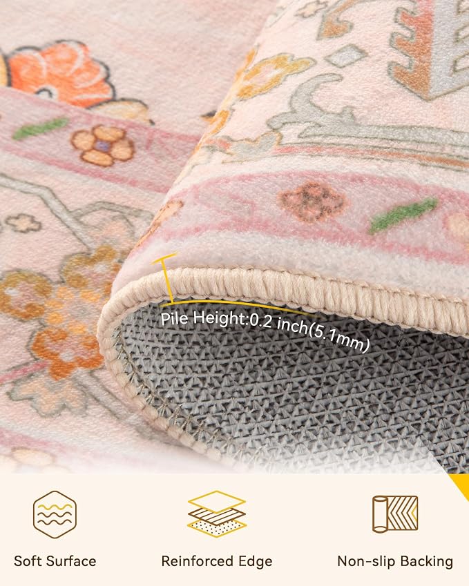RELEANY Washable Area Rug, Round 10ft, Pink/Light Pink/Colorful | Non-Slip, Water Repellent, Pet Friendly, Easy to Clean, Vintage Floral Boho Decor for Living Room Bedroom Dining Room