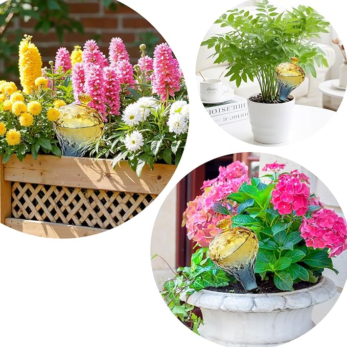 12 oz Plant Watering Globes, Yellow Glass Self Watering Bulbs Top Fill with Terracotta Spikes Stake, Self Watering Planter Insert Vacation Automatic Plant Waterer Device for Indoor & Outdoor 2Pack
