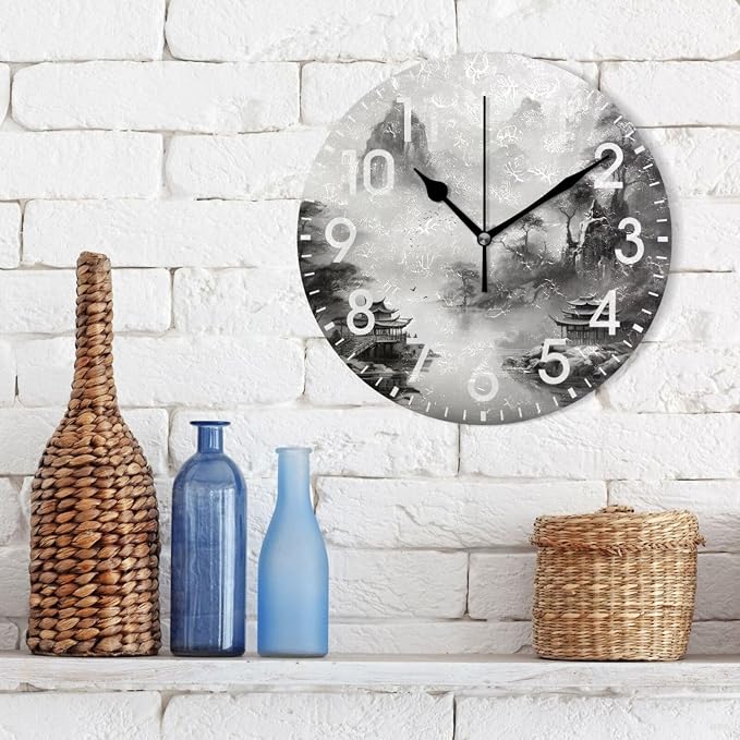 ALAZA Home Decor Chinese Mountain Watercolor Round Acrylic 9.84 Inch Wall Clock Non Ticking Silent Clock Art for Living Room Kitchen Bedroom