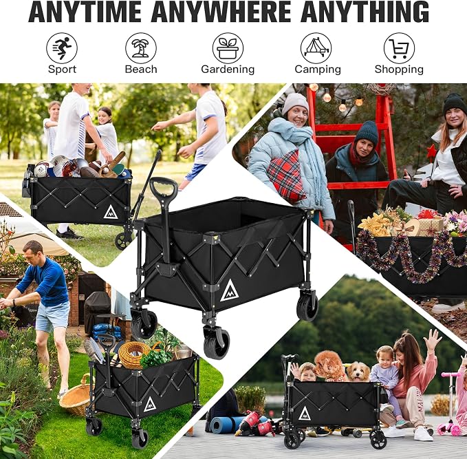 Wagon Cart Shopping Cart Large Capacity Collapsible Wagon with Wheels On Beach Garden Outdoor Utility Carts for Grocery All Terrain Portable Wagons Carts for Groceries Sand Camping Sports Black