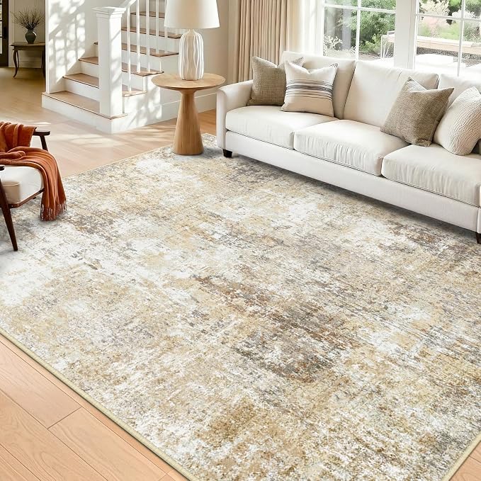 RELEANY Washable 7'x9' Abstract Area Rug for Living Room Neutral Brown | Carpet for Bedroom, Kitchen, Office, Hallway and Entryway, Printed Pattern, Non‑Slip, Soft, Stain‑Resistant, Easy to Clean