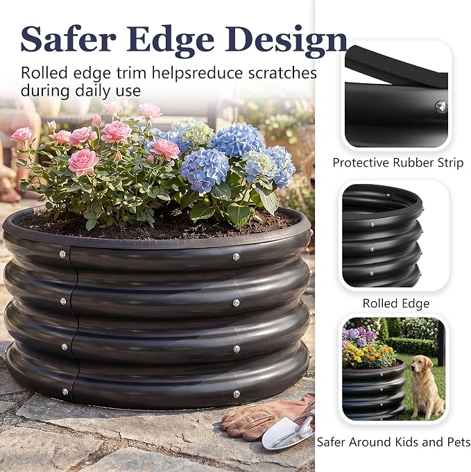 2 x 2 x 1 ft Round Raised Garden Bed, Black 1 Pack 0.6 mm Thick Galvanized Steel Planter Box with Double Layer Paint and Safety Edge Trim for Vegetables Flowers Herbs Outdoor Garden