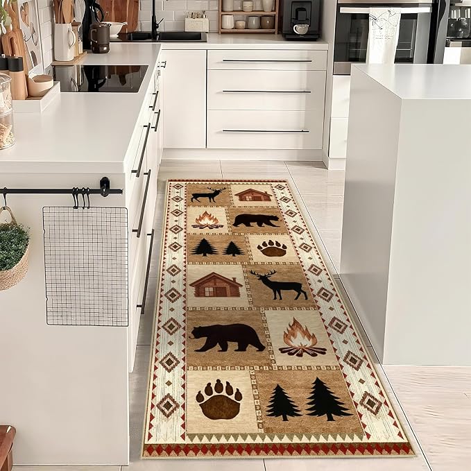 Cabin Bear Deer 2x6 Runner Rug Rustic Lodge Wildlife Hallway Rug Country Farmhouse Western Long Floor Carpet Machine Washable Non-Slip Printed Low-Pile for Kitchen Bedroom Bathroom Laundry