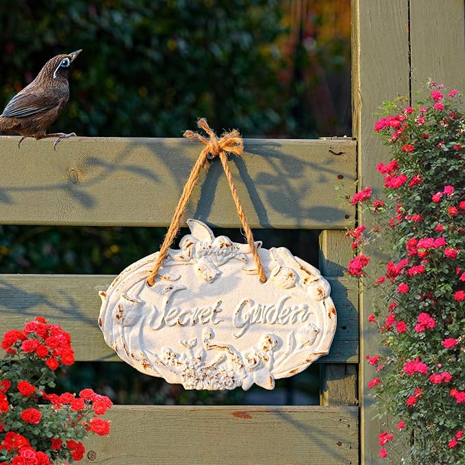 Sungmor Vintage Cast Iron “Secret Garden” Sign - Shabby Chic White Wall Plaque, Outdoor Garden Decorative Sign, French Country Cottage Wall Décor for Fence, Gate, or Patio, Distressed Rustic Finish