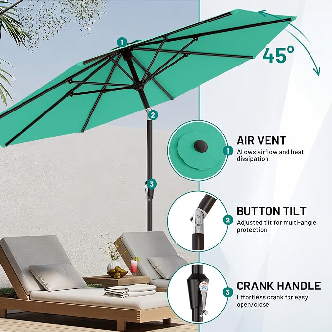 AreShark 9 FT Patio Umbrella for Outdoor, Outdoor Table Umbrella with Push Button Tilt and Crank, Outdoor Patio Umbrellas with 8 Sturdy Ribs for Market, Garden, Pool (Peacock Blue)