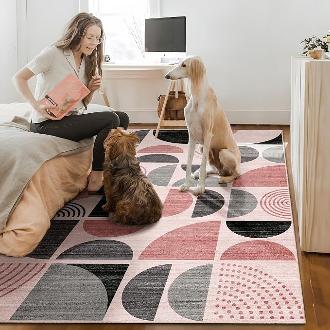 Pink Washable Rugs 9x12,Boho Area Rugs Non Slip Modern Abstract | Large Throw Carpet for Living Room Bedroom Dining Room Soft Low Pile Floor Indoor Bohemian Pink and Grey