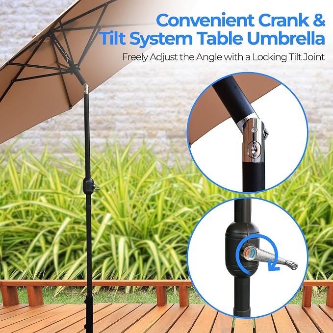 10ft Patio Table Umbrella, 6 Sturdy Ribs with Push Button Tilt, Easy Close Open Crank, Outdoor Furniture for Garden Lawn Deck Pool Beach, Weatherproof Fabric