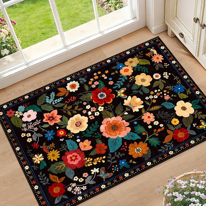 RELEANY Floral Washable 2x3 Area Rugs Doormat Black | Flower Carpet, Print, Boho, Non-Slip, Easy to Clean, Soft, Low Pile for Living Room Bedroom Kitchen Office Entryway Hallway
