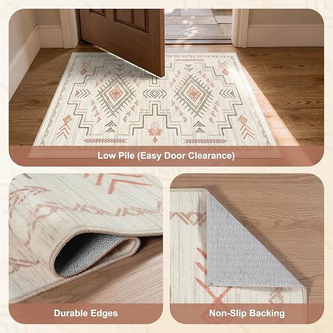 STARUIA 3x5 Washable Area Rug Western Clearance, Non-Slip Small Entryway Rug Beige Aztec Tribal Classic Boys Rug for Bedroom Low-Pile Carpet for Indoor Kitchen Bathroom(Beige 3'x5')