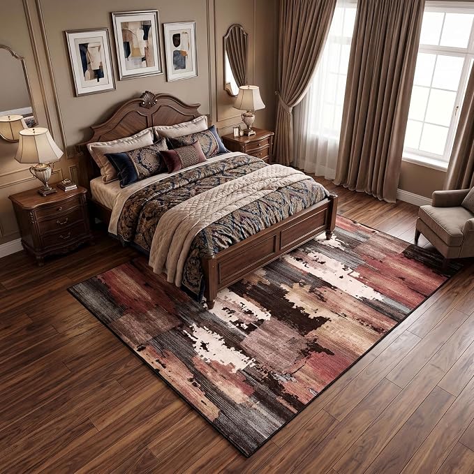 5x7 Rust and Beige Distressed Patchwork Area Rug for Living Room | Soft Low-Pile Machine-Washable Rug with Non-Slip Backing for Bedrooms, Dining Rooms and Home Offices, Designed for Easy Care