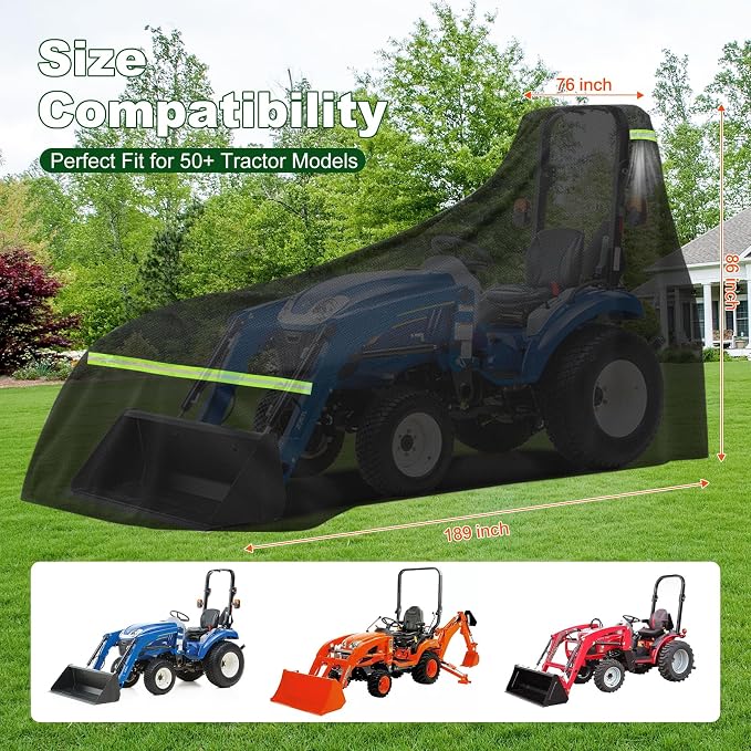Tractor Cover Waterproof Heavy Duty 600D, Universal Fit, 189''x76''x86'' | Fits ohn Deere, Kubota BX, New Holland Boomer, Mahindra Max, Kioti, Windproof with Air Vents, Outdoor Protection, Storage Bag