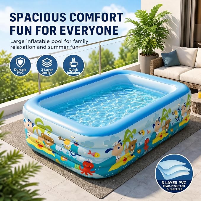 Heavy Duty 4-Ring Inflatable Family Pool 82x53x26 Inches Blow Up Swimming Pool for Backyard Garden Summer Water Party