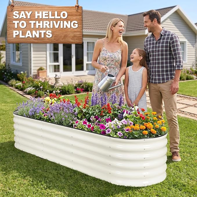 1MORE Galvanized Raised Garden Bed- Planter Garden Boxes Outdoor, Raised Beds for Gardening,Metal Garden Bed Kit for Vegetables Flower, Planter Raised Beds.8x2x1.4ft White-2pcs