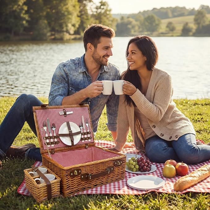Multifunctional Wicker Picnic Basket Set for 2 Adults with Picnic Table and Blankets,Large Insulated Picnic Set with Wine Pouch and Full Tablewares for Camping Outdoor Couples Beach Wedding,Pink