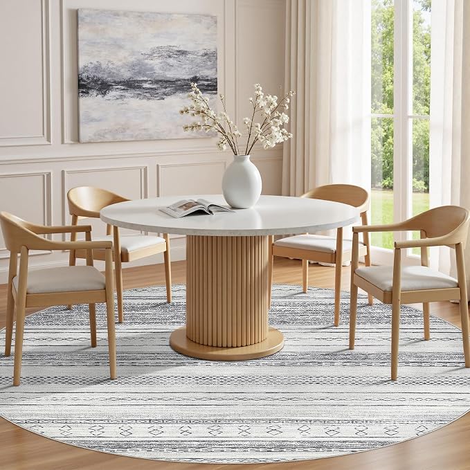 Tortania 5' Round Area Rug Living Room Rugs - Washable Large Soft Neutral Boho Moroccan Bohemian Farmhouse Rug Indoor Floor Carpet for Bedroom Under Dining Table Home Office Decor - Grey
