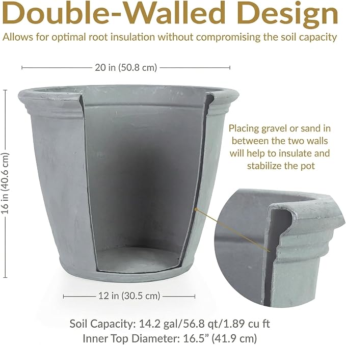 Sunnydaze 20-Inch Anjelica Large Plastic Pot for Plants - Outdoor Double-Walled Large Plastic Planter with Drillable Drainage Holes - Light Gray - 4pk