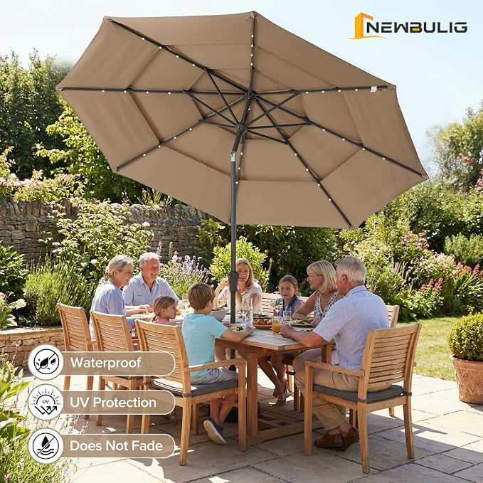 NEWBULIG 10ft Solar Patio Umbrella with 32 LED Lights, Table Market Umbrella with Tilt Adjustment & Crank Lift, Outdoor Sun Umbrella for Garden, Deck, Backyard, Pool and Beach