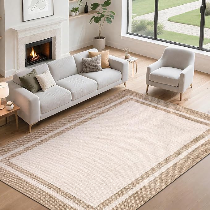 COZYLOOM Area Rugs 9x12 Large Living Room Rug with Rubber Backing, Beige | Washable Modern Bordered Stain Resistant Non Shedding Low Pile Soft Foldable Mats for Bedroom Dining Room Office