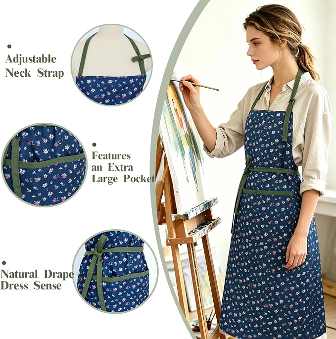 Women's Vintage Floral Kitchen Apron for Cooking & Gardening | Adjustable Neck Straps & Large Pockets, Cute Pinafore for Baking Tea Time, Practical Hostess Gift(Navy2)