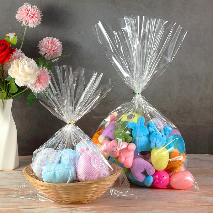 Boao 4 Sizes 200 Pieces Clear Plastic Cellophane Bags Cello Treat Bags with Mix Colors Twist Ties for Christmas Birthday Holiday (12 x 16 In, 14 x 20 In, 16 x 24 In, 18 x 30 in)