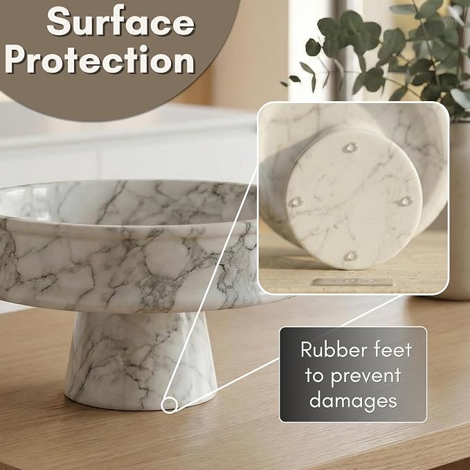 Marble Fruit Bowl for Kitchen Counter, 10" Handcrafted Natural Stone Decorative Bowl, Catch-All Key Dish, Dining Table Centerpiece, Pedestal Bowl, & Housewarming Gift (White Marble)