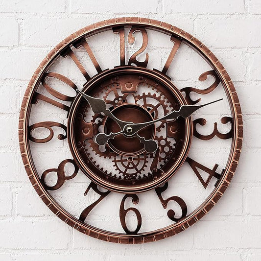Outdoor Wall Clock for Garden, Patio and Deck, 12in Garden Clock Waterproof Clocks -Not Silent (Red Copper)