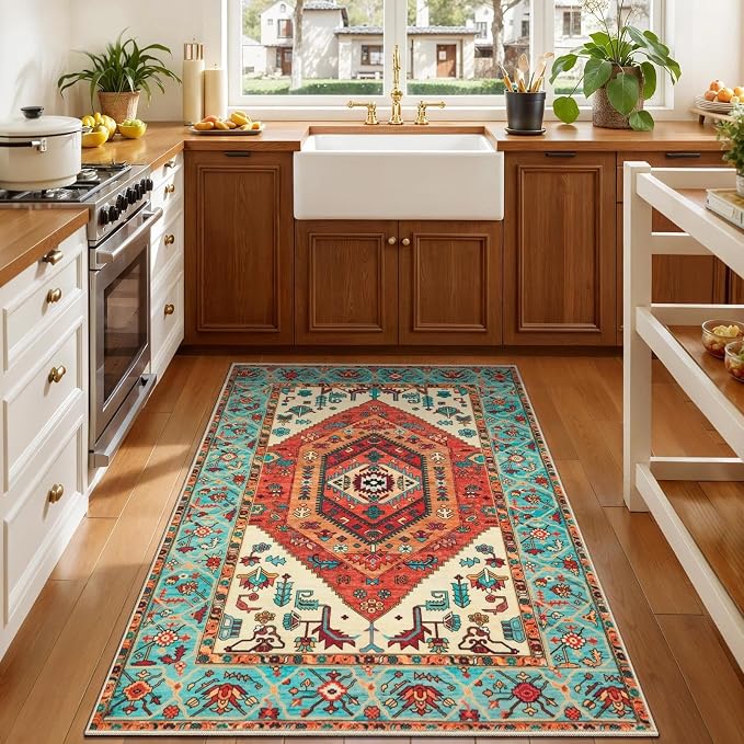SERISSA 3x4 Washable Non Slip Boho Area Rug for Entryway，Orange | Ultra Soft Vintage Oriental Carpet Low-Pile Distressed Tribal Indoor Entrance Carpet for Kitchen Bedroom Living Room Dorm