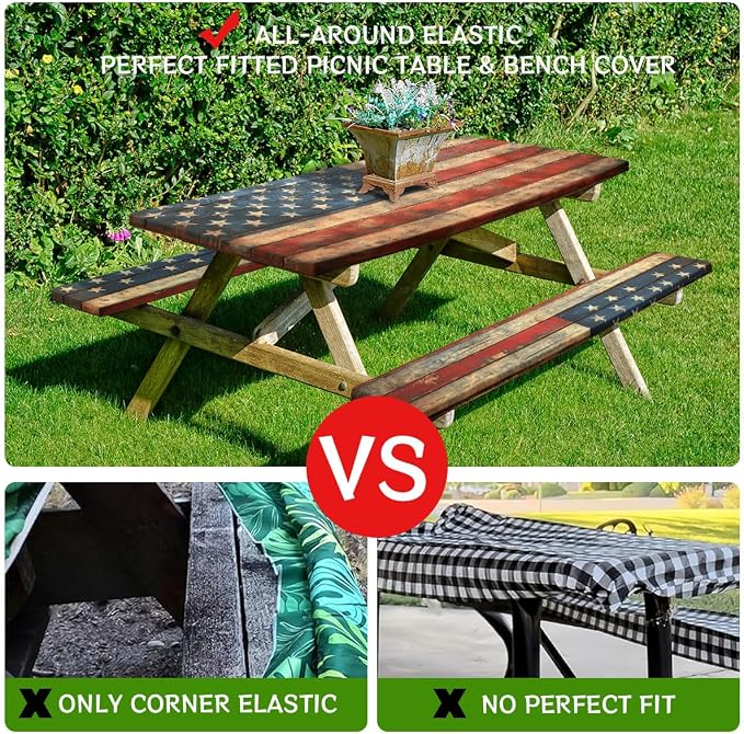 American Flag Picnic Table Cover with Bench Covers and Carrying Bag, Wooden Planks Texture Rectangle Table Cover, Outdoor Patio Camping Essentials 6FT 4PCS, Camping Fitted Tablecloth