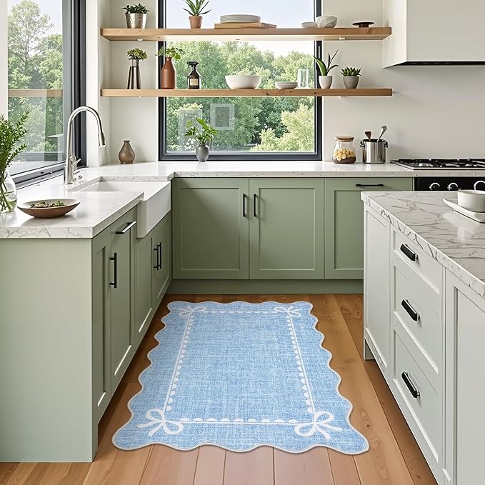 GarveeHome Scalloped Entryway Rug 2x3 Washable Front Door Bow Rug, Blue | Non Slip Soft Low Pile Ultra-Thin Stain Resistant Indoor Carpet for Girls Dorm Nursery Bedroom Decor Hallway Kitchen Floor