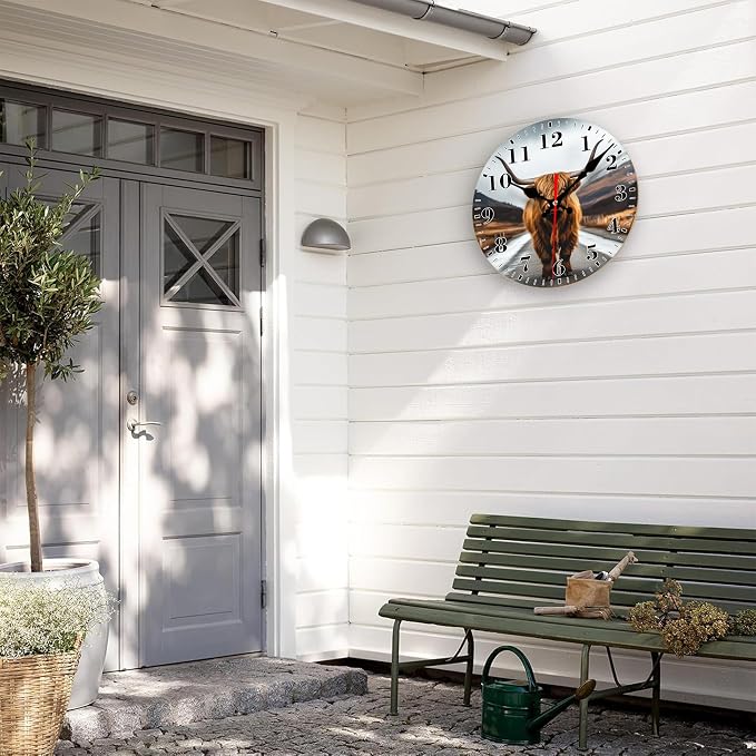 Wall Clock, Scotland Highland Cow Silent Non Ticking Battery Operated Round Decorative Indoor Outdoor Clocks for Living Room Kitchen Bedroom Bathroom Patio 12"