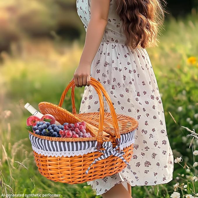Wicker Picnic Basket with Handle, 15" Large Picnic Basket with Lid & Removable Liner, Vintage Hand Woven Basket with Blanket for Picnics, Camping, Thanksgiving, and Birthday