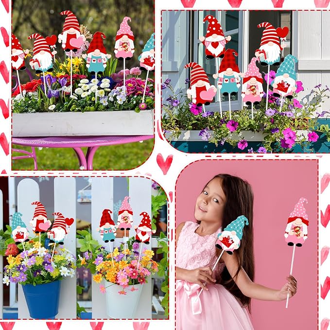 Pickmesh 6 Pcs 12 Inch Valentine's Day Metal Yard Sign Valentines Gnome Metal Yard Sign Barn Garden Stake for Planter Pot Walkway Pathway Outdoor Decor Lawn Decoration