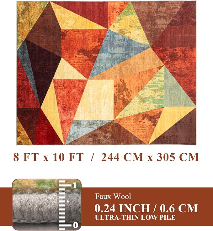 Brown Area Rug 8x10,Geometric Burnt Orange Area Rug Non Slip,Farmhouse Rugs Washable,Vintage Burgundy Carpets for Bedroom, Boho Rug for Kitchen,Dining Room