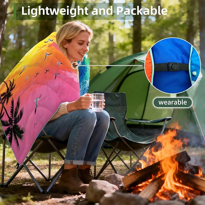 Outdoor Puffy Camping Blanket, Packable Outdoor Blanket Waterproof Down Alternative for Camping, Hiking, Backpacking, Traveling, Picnic, Beach, Lawn, Stadium (Sea, 55 * 79'')