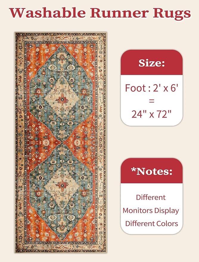 SERISSA 2x6 Washable Non Slip Boho Runner Rug for Hallway | Ultra Soft Vintage Oriental Carpet Low-Pile Distressed Tribal Floor Carpet for Kitchen Bedroom Bathroom Laundry Living Room