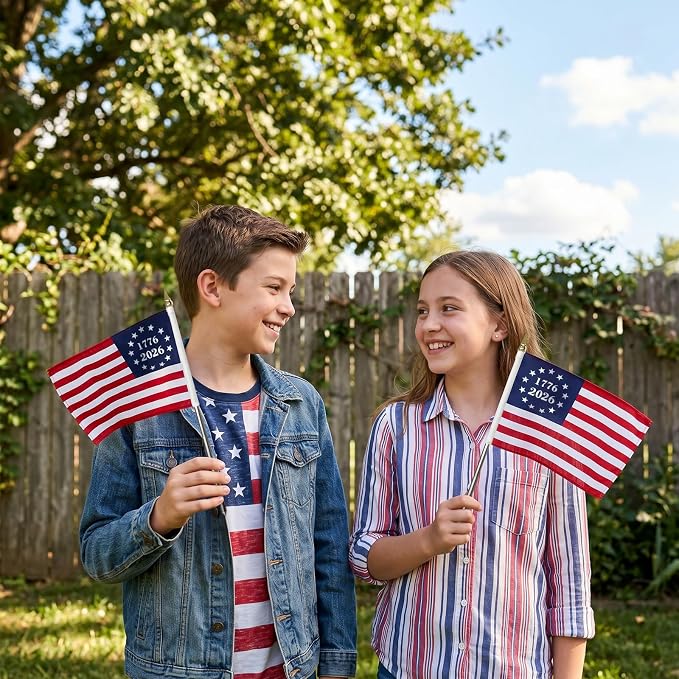 12x18 inch Small 1776-2026 American Flag on Stick 6 Pcs for 250th Anniversary, Mini Hand Held US USA Betsy Ross Flags with Retractable Stainless Steel Pole for Outside Yard 4th of July Decorations