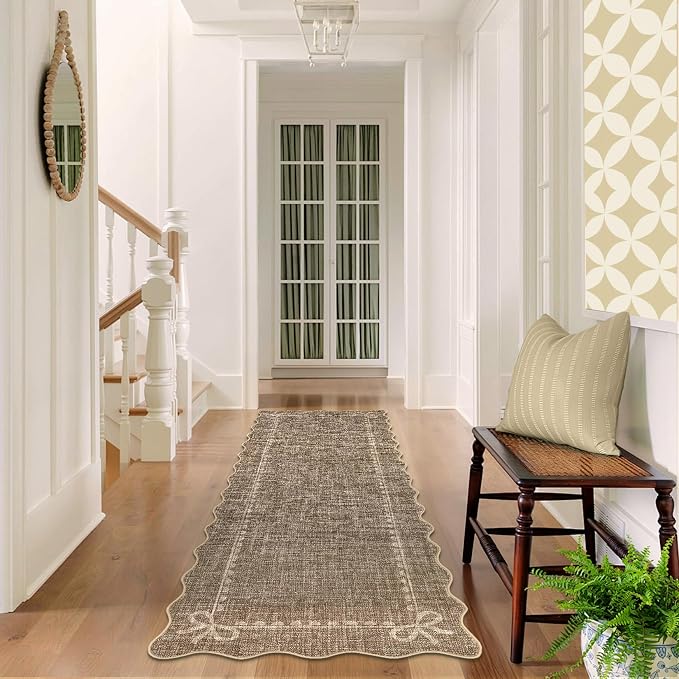 GarveeHome Scalloped Hallway Runner Rug 2.5x8 Non Slip Bedroom Rugs, Brown | Washable Bow Rug for Girls Dorm Nursery Living Room Entyrway Kitchen, Soft Low Pile Ultra-Thin Stain Resistant Indoor Carpet