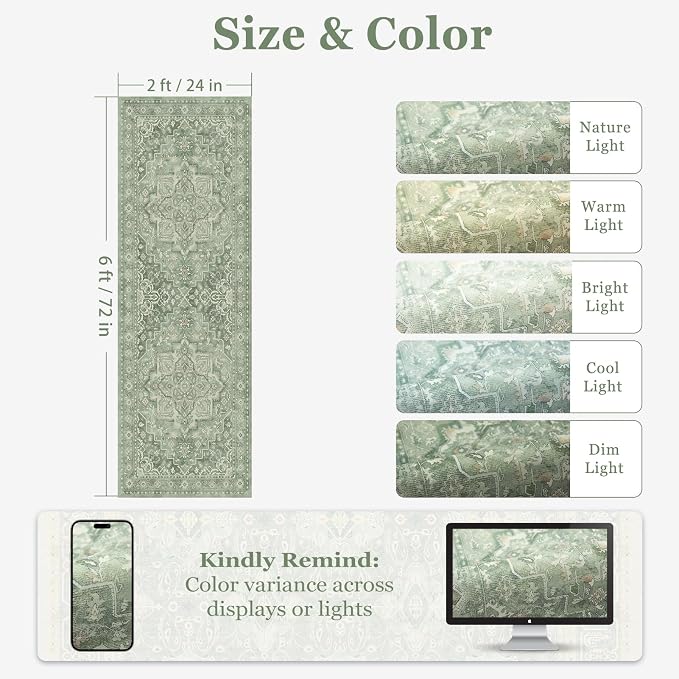 Sage Green 2x6 Runners for Kichen Floor Washable Non Skid, Soft Green Medallion Hallway Runner Rug for Entryway Foyer Mudroom, Cottagecore Carpet Runners 6ft for Bedside Bathroom Laundry Room