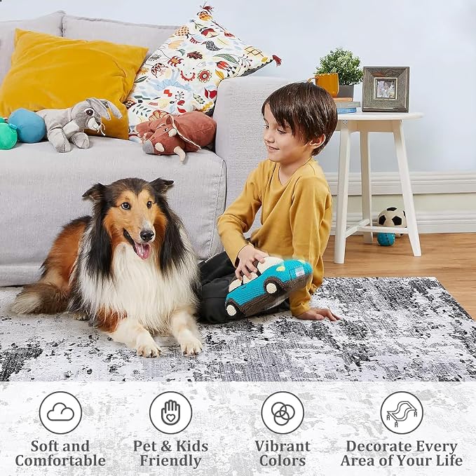 ROYHOME Modern Abstract 2x8 Runner Rug Non Slip,Grey | Non Shedding Low Pile Stain Resistant Rug for Bedroom Living Room