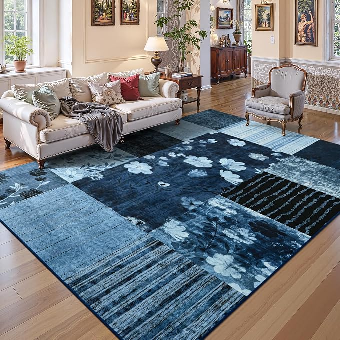 DweIke Floral Rugs for Living Room, 8x10 Washable Area Rug for Dining Room Farmhouse Office Bedroom Decor, Geometric Patchwork Stain Resistant Low Pile Indoor Floor Throw Rugs, Navy Blue