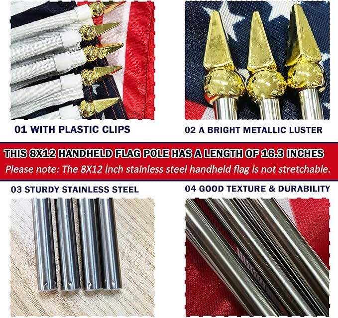 6 Pack Small American Flags on Stick, 8x12 Inch Mini Handheld USA Flags with Stainless Steel Pole, 4th of July US 250th Anniversary Decorations, Memorial Day Outdoor Decor