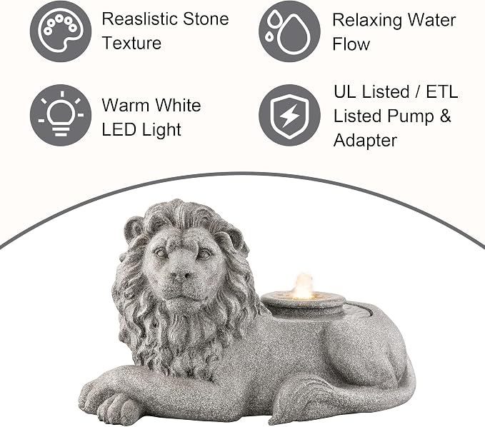 Glitzhome Outdoor Fountain with Lights & Pump, 20" L Zen-Style Lying Lion Polyresin Water Fountain Outdoor, Floor Standing Water Feature for Garden Yard Patio Porch Decor