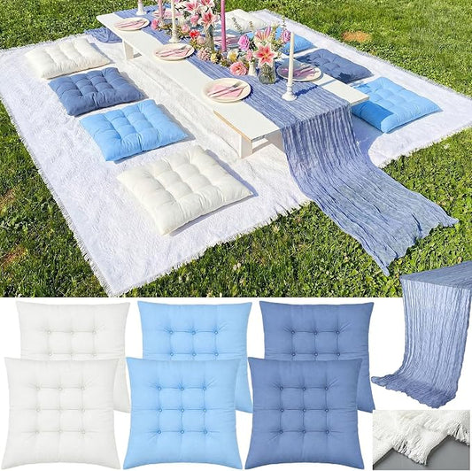 8 Pcs Fit for 6 People 91 x 71'' Extra Large Outdoor Picnic Blanket with Blue White Table Runner and Floor Pillow Cushion Fit for 6 People Picnic Wedding Birthday Baby Shower Backyard Decor