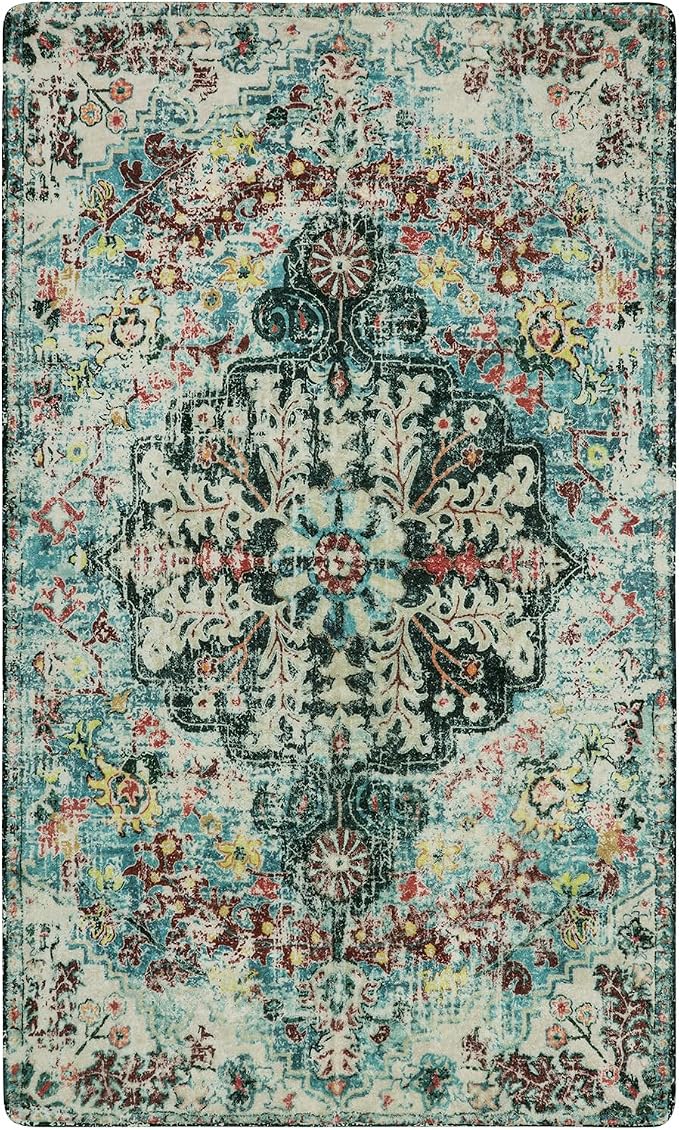 Lahome Reine Bohemian Floral Medallion Area Rug - 3x5 Washable Bedroom Rug Entryway Mat, Non Slip Pet Friendly Turkish Nursery Carpet for Kitchen Sink Camper Couch Living Dining Room Office Hardwood