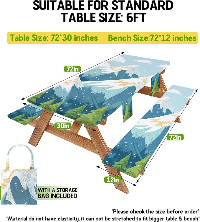 Picnic Table Cover with Bench Covers Waterproof Vinyl Elastic Rectangle Fitted Table Cloth Camping Lovers Essentials Rv Car Travel Overlanding Outdoor Roadtrip Road Trip Men Women Camper Gifts 6 Foot